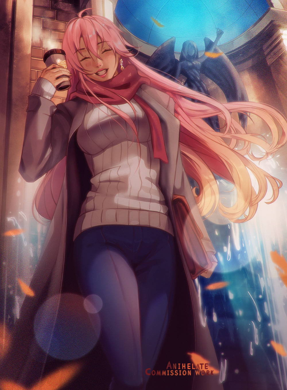 1girl, ahoge, anihelate, artist_name, bag, blue_pants, breasts, closed_eyes