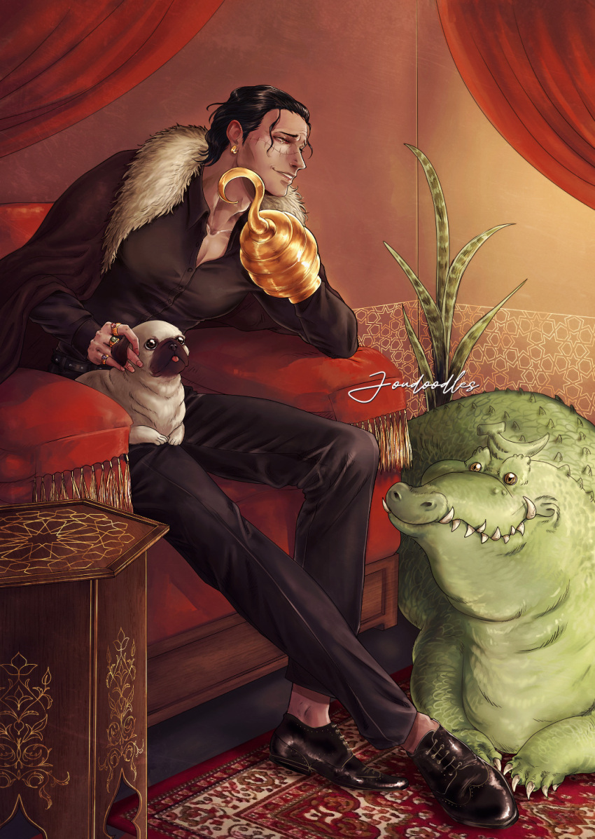 1boy, aloe_(plant), animal, animal_on_lap, black_coat, black_hair, coat, couch