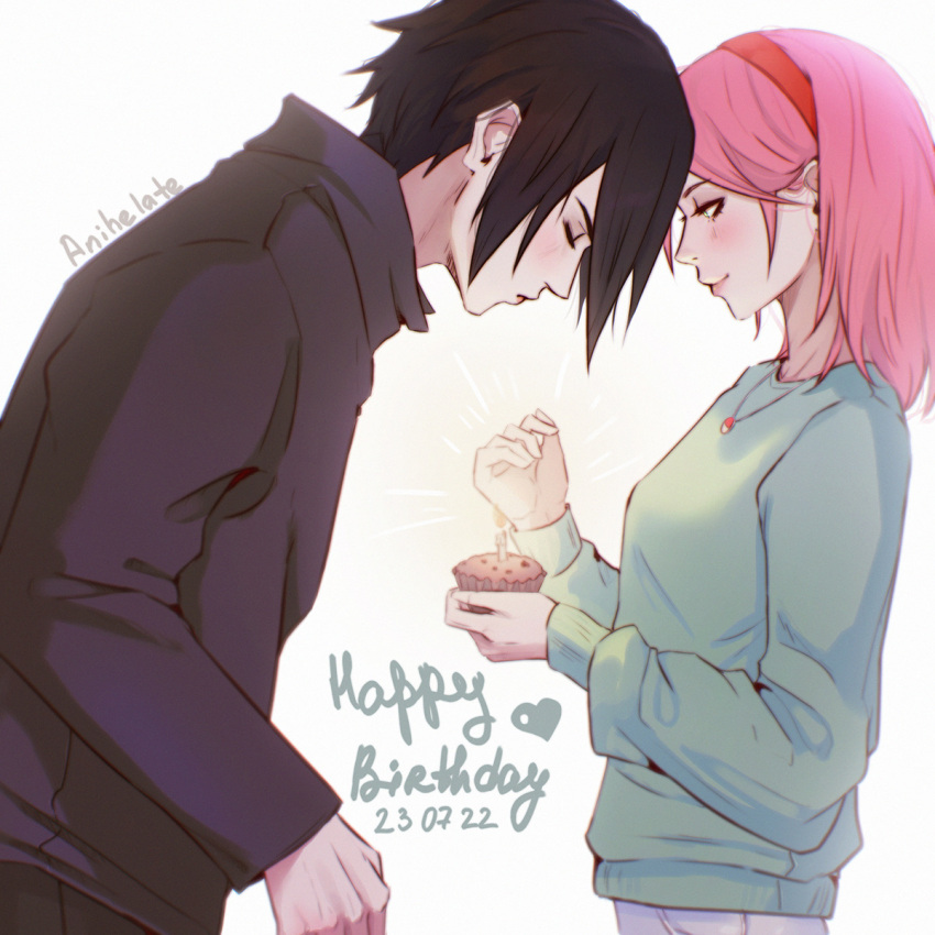 1boy, 1girl, anihelate, artist_name, black_hair, blowing_candle, blue_sweater, blush, breasts, candle, casual, closed_eyes, closed_mouth, commentary, couple, cupcake, dated, eyelashes, fire, flame, food, from_side, green_eyes, green_sweater, hair_behind_ear, hairband, hand_up, happy_birthday, haruno_sakura, head_down, headband, highres, holding, holding_food, jewelry, leaning_forward, long_bangs, long_sleeves, medium_breasts, medium_hair, naruto_(series), naruto_shippuuden, necklace, pendant, pink_hair, red_hairband, red_headband, signature, simple_background, smile, sweater, symbol-only_commentary, uchiha_sasuke, white_background