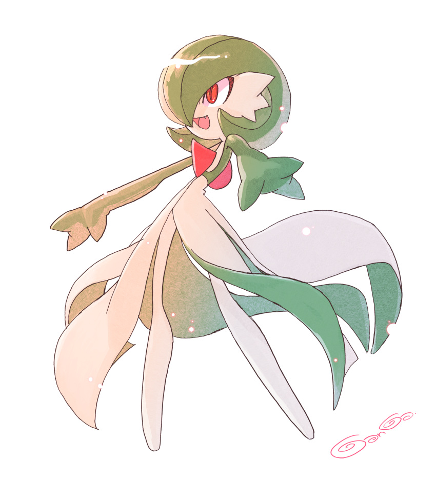1girl, artist_name, bob_cut, colored_skin, commentary_request, fang, flat_chest, full_body, ganga_(ganga_lub), gardevoir, green_hair, green_skin, hair_over_one_eye, happy, highres, legs, legs_apart, light_particles, multicolored_skin, one_eye_covered, open_mouth, outstretched_arms, partial_commentary, pokemon, pokemon_(creature), red_eyes, short_hair, signature, simple_background, smile, solo, standing, two-tone_skin, white_background, white_skin