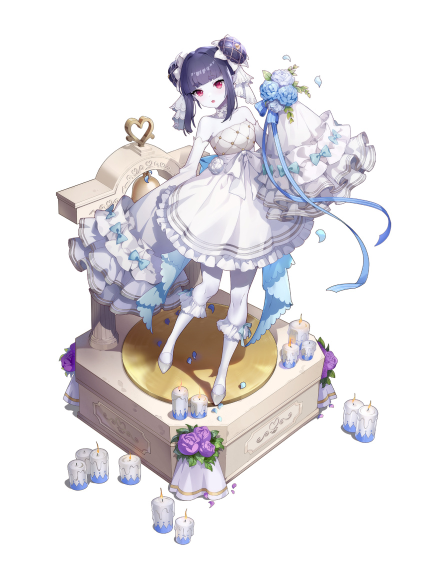 1girl, :o, artist_request, bare_shoulders, bell, blue_flower, blue_hair, bow