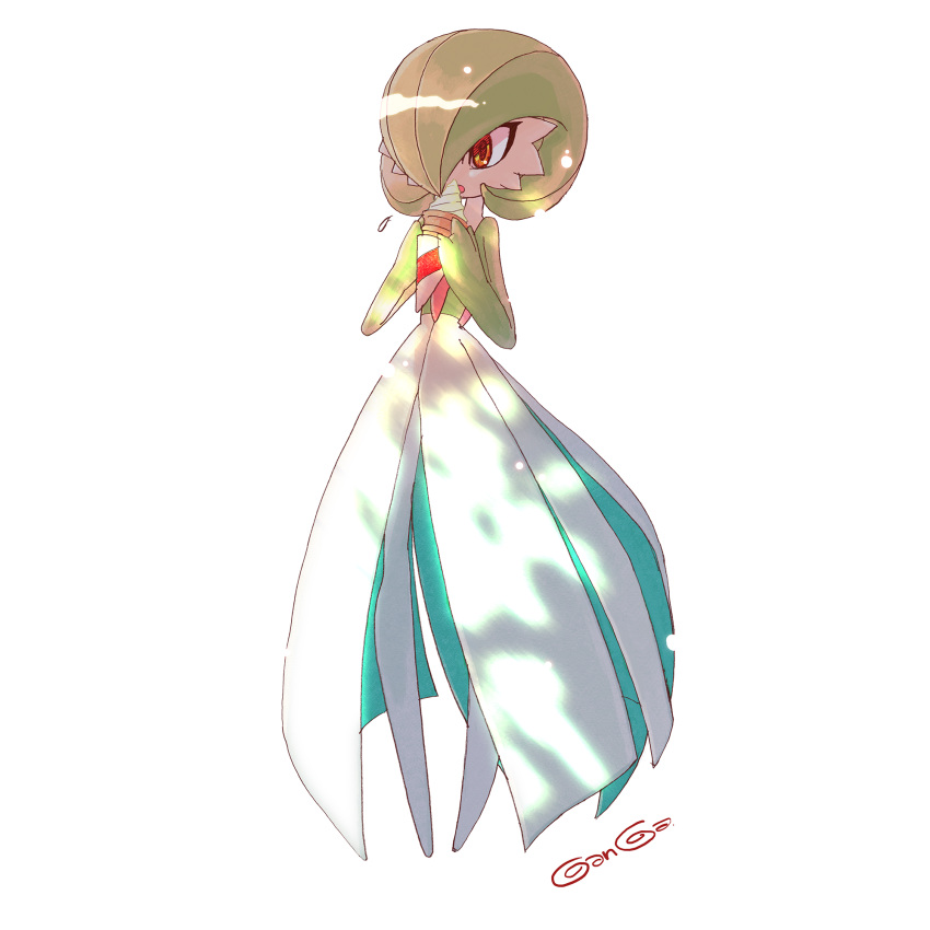 1girl, artist_name, bob_cut, colored_skin, commentary_request, dappled_sunlight, eating, food, full_body, ganga_(ganga_lub), gardevoir, green_hair, green_skin, hair_over_one_eye, hands_up, highres, holding, holding_food, ice_cream, ice_cream_cone, light_particles, multicolored_skin, one_eye_covered, open_mouth, partial_commentary, pokemon, pokemon_(creature), red_eyes, short_hair, signature, simple_background, soft_serve, solo, standing, sunlight, two-tone_skin, white_background, white_skin