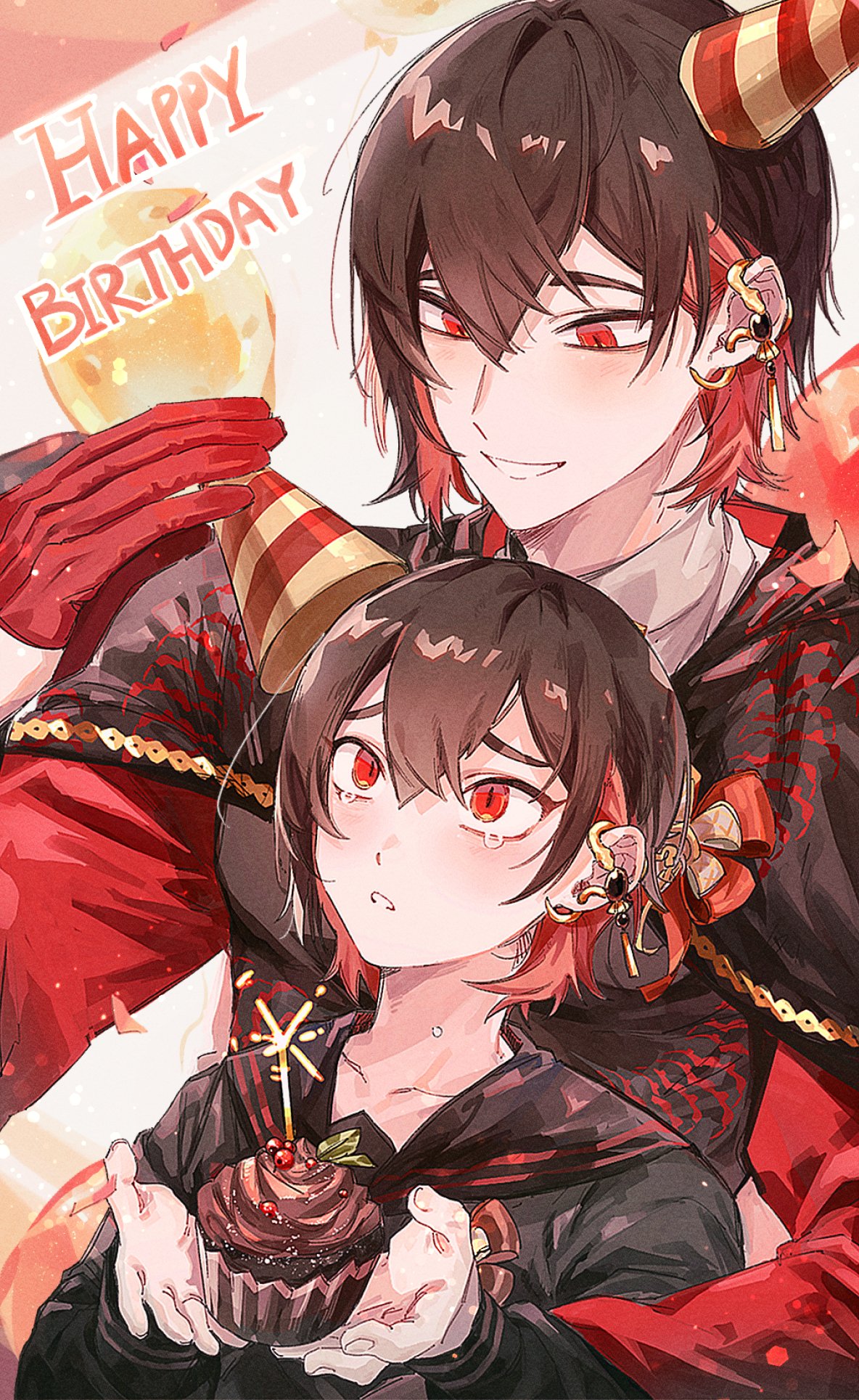 2boys, aged_down, balloon, birthday_cake, bishounen, black_serafuku, blush, bone_print, brown_hair, cake, chocolate_cake, clone, colored_inner_hair, ear_piercing, food, gloves, gom_pop, happy_birthday, hat, highres, holding, holding_cake, holding_food, long_sleeves, looking_at_another, looking_at_viewer, male_focus, multicolored_hair, multiple_boys, nu_carnival, official_alternate_costume, party_hat, piercing, red_eyes, red_gloves, redhead, school_uniform, serafuku, short_hair, slit_pupils, smile, tassel, yakumo_(nu_carnival)