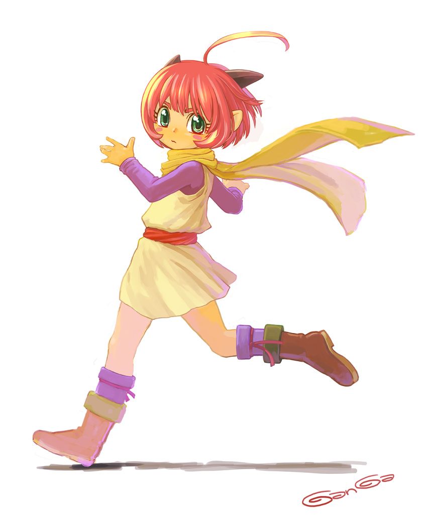 1girl, ahoge, artist_name, black_horns, blush, blush_stickers, boots, brown_footwear