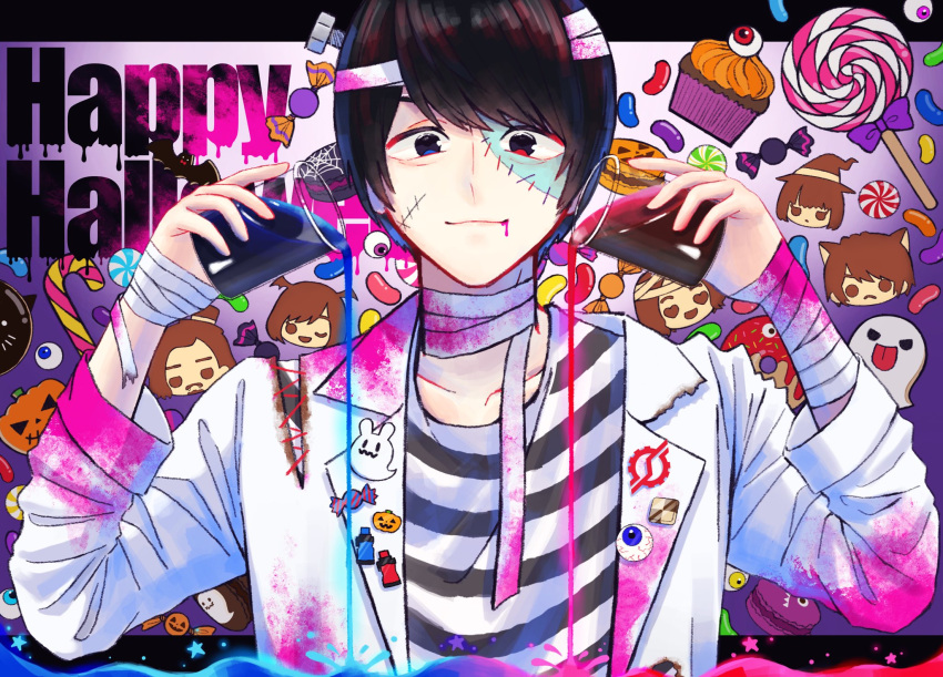 beaker, black_cat, blood, blood_splatter, blue_eyes, bolt, candy, candy_cane