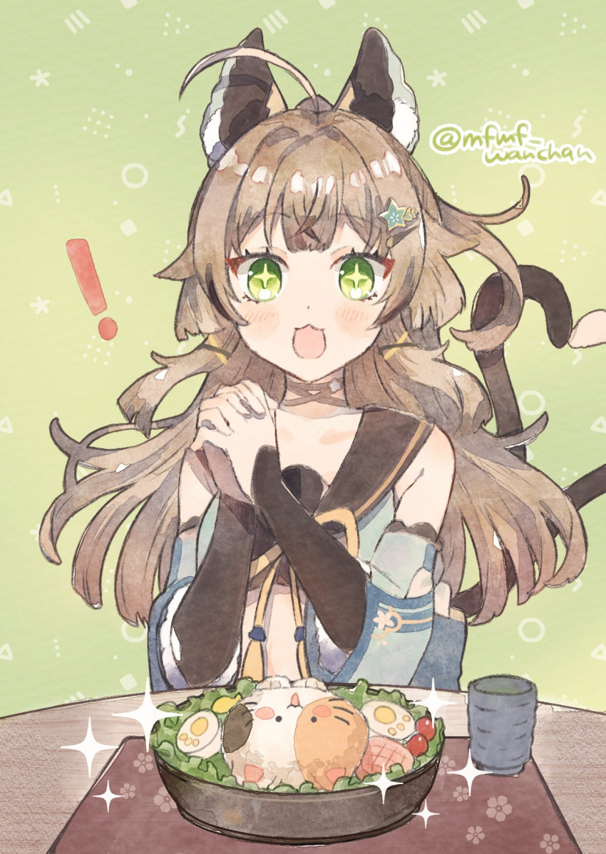 !, +_+, animal_ears, cat_ears, cat_tail, detached_sleeves, food, genshin_impact