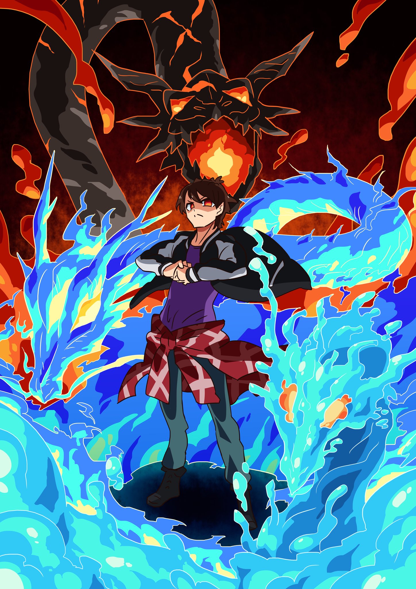 1boy, banjou_ryuuga, black_footwear, blue_fire, boots, clenched_hand, clothes_around_waist, determined