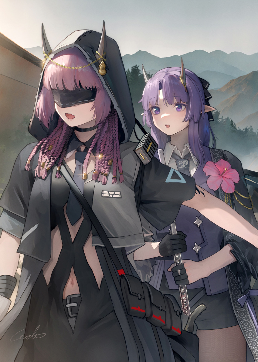 2girls, :d, absurdres, arknights, belt, black_blindfold, black_choker, black_dress