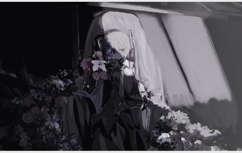 1girl, black_thighhighs, chain, closed_mouth, commentary, cowboy_shot, dot_mouth, flower