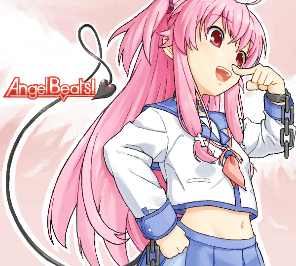 bad_id, chain, long_hair, midriff, pink_hair, red_eyes, samanda, school_uniform