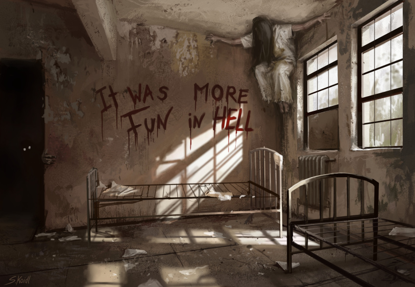1girl, 1other, absurdres, bed_frame, black_hair, highres, horror_(theme), hospital_gown