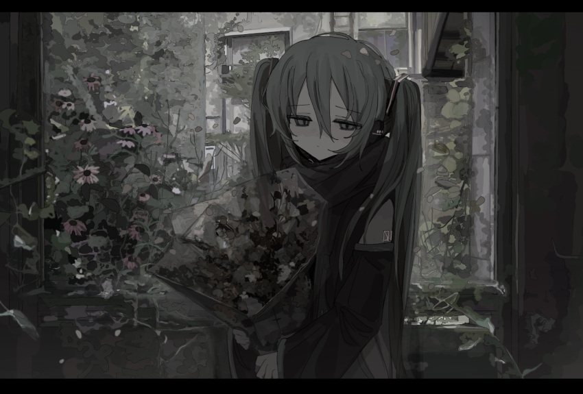 1girl, abandoned, aqua_eyes, aqua_hair, black_sleeves, bouquet, closed_mouth, commentary