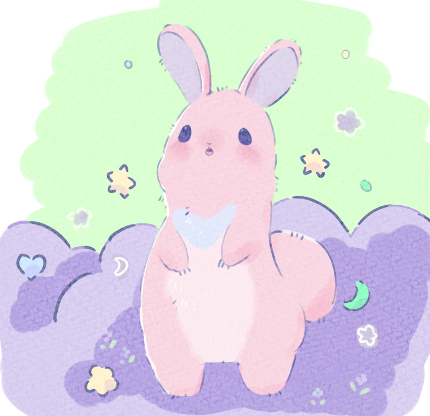:o, animal, animal_focus, blush, commentary_request, crescent, demimushi, duel_monster, green_background, heart, melffy_rabby, no_humans, parted_lips, rabbit, solo, standing, star_(symbol), two-tone_background, white_background, yu-gi-oh!