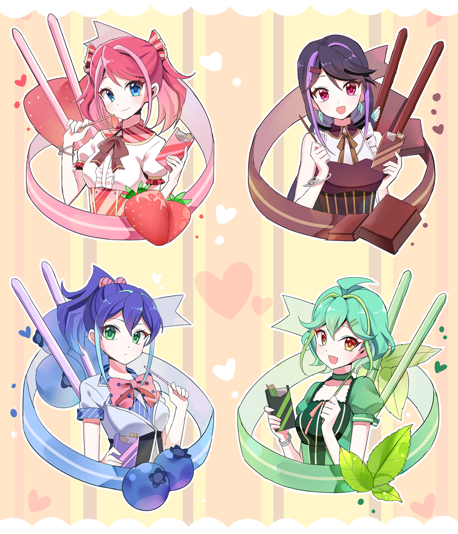 4girls, black_hair, blue_eyes, blue_hair, blueberry, bow, box, bracelet_girls