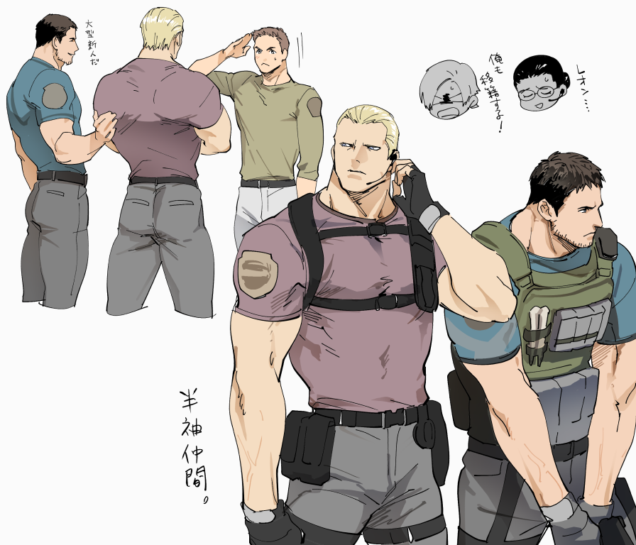 3boys, back, belt, black_belt, black_gloves, black_hair, blonde_hair, blue_shirt