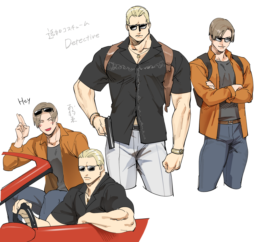 2boys, black_shirt, black_tank_top, blonde_hair, blue_pants, blush, brown_hair, car