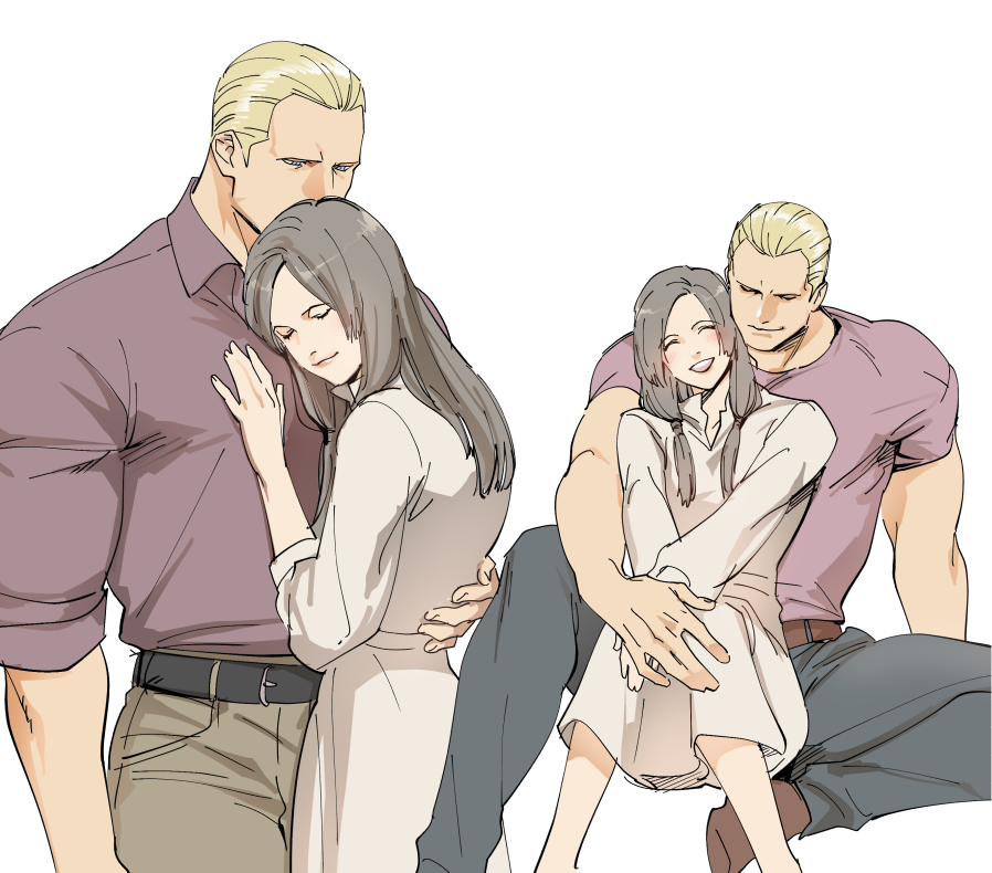 1boy, 1girl, belt, black_belt, black_hair, black_pants, blonde_hair, brown_belt