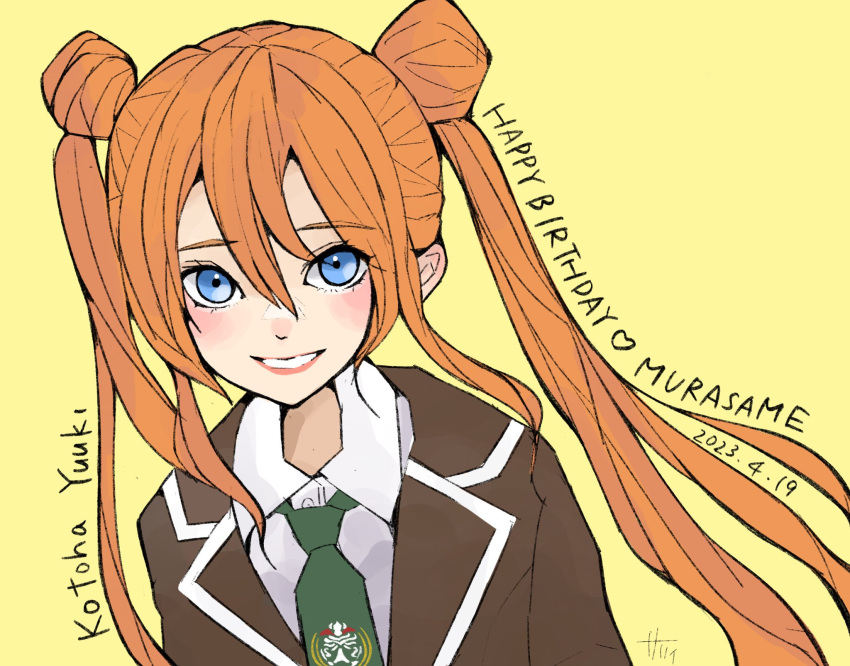 1girl, arms_at_sides, artist_name, assault_lily, black_jacket, blue_eyes, blush, character_name, collared_shirt, commentary, dated, double_bun, emblem, green_necktie, grin, hair_between_eyes, hair_bun, happy_birthday, heart, highres, jacket, kusakabe_murasame, long_bangs, long_hair, long_sleeves, looking_at_viewer, necktie, orange_hair, parted_lips, sally_(allogkk), school_uniform, shirt, simple_background, smile, solo, twintails, upper_body, white_shirt, yellow_background