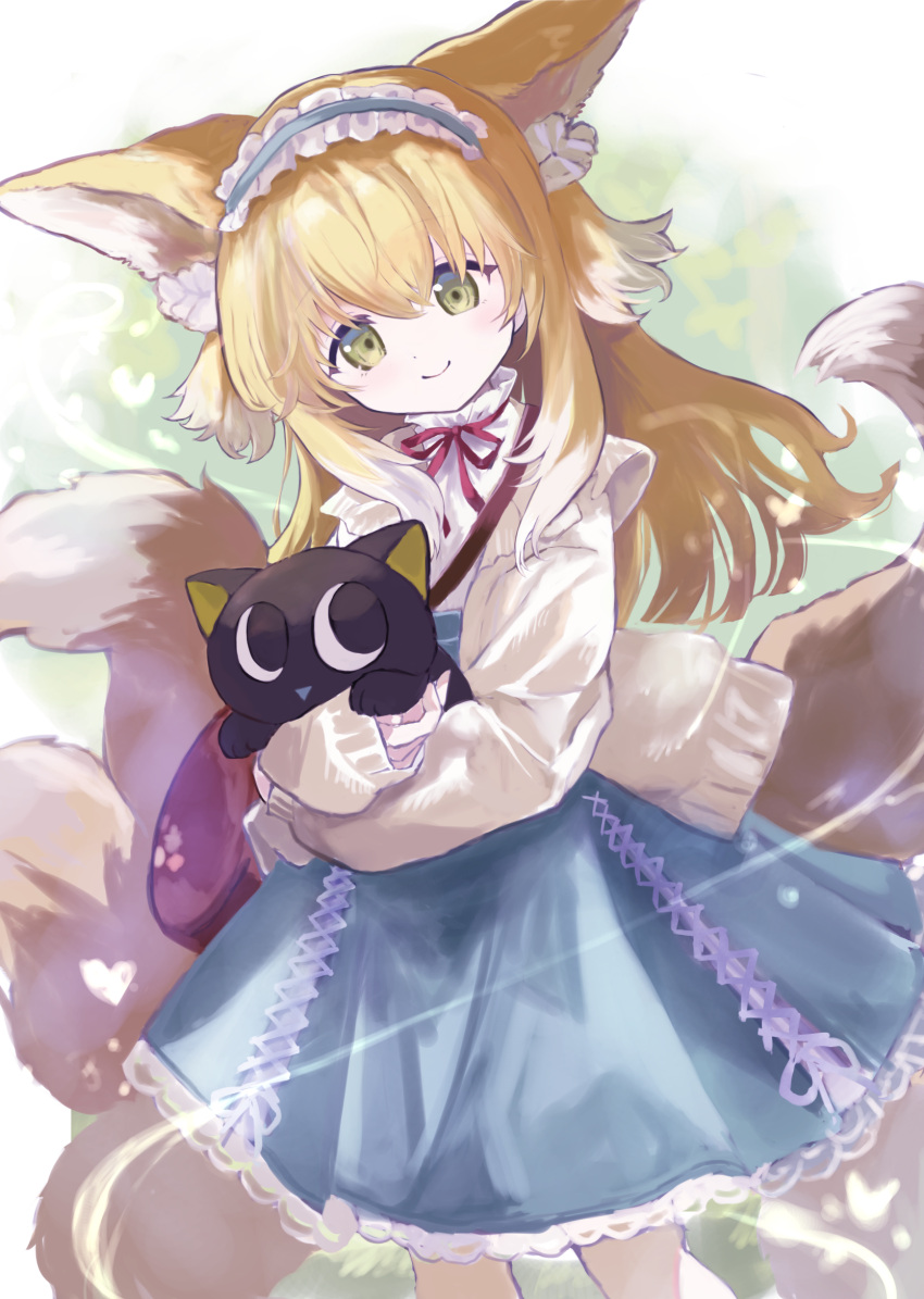 1girl, animal_ear_fluff, animal_ears, arknights, bag, black_cat, blonde_hair, blue_hairband