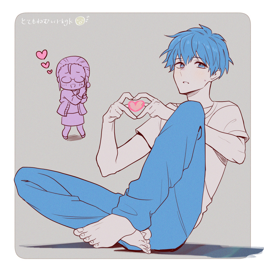 1boy, 1girl, azami_(etra-chan_wa_mita!), barefoot, blue_eyes, blue_hair, blue_pants, border