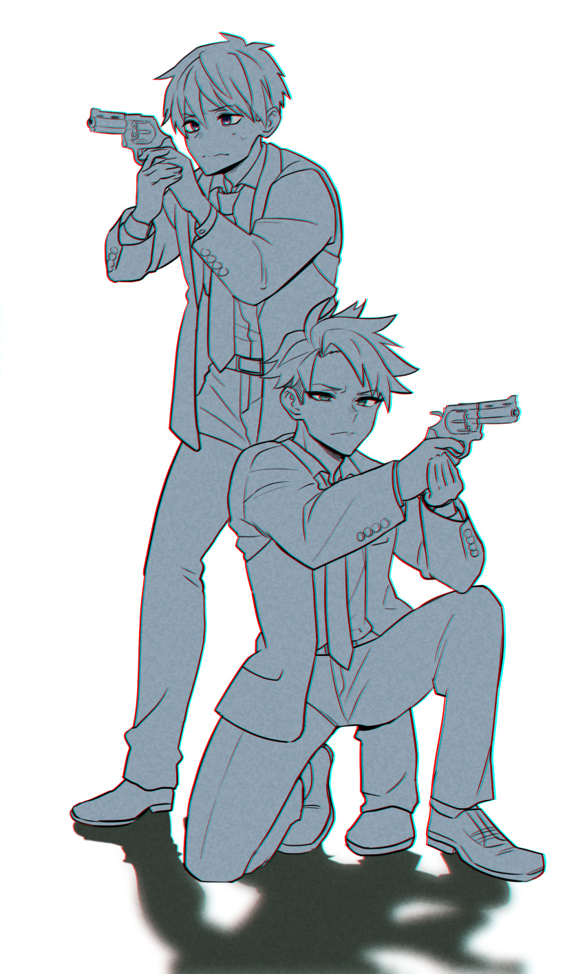 2boys, absurdres, closed_mouth, commentary_request, etra-chan_wa_mita!, formal, greyscale, gun