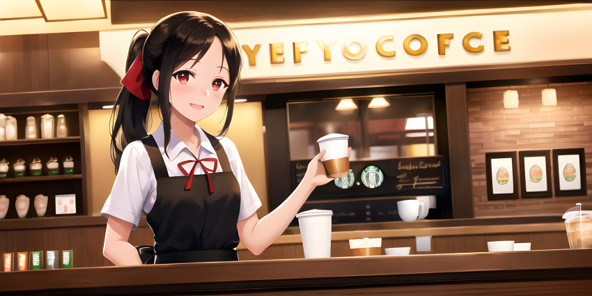 1girl, awwesomeai, bangs, barista, black_hair, blush, cup, eyebrows_visible_through_hair