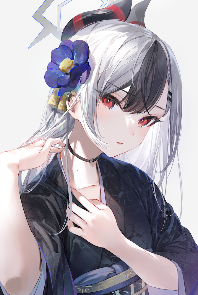 1girl, black_choker, black_hair, black_kimono, blue_archive, choker, collarbone, demon_horns