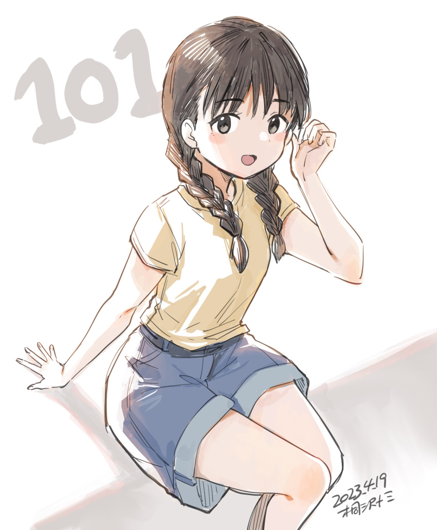 1girl, absurdres, artist_name, black_hair, blue_shorts, brown_shirt, dated, denim