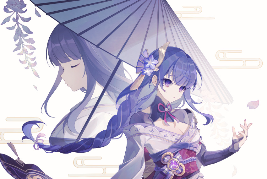 2girls, behind_another, blunt_bangs, braid, chenshuimozhounia, closed_eyes, genshin_impact, hair_ornament
