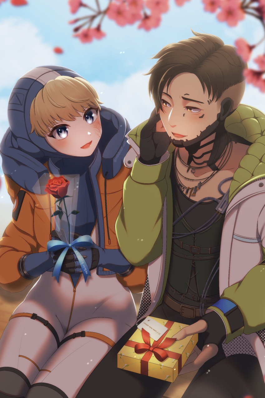 1boy, 1girl, absurdres, animification, apex_legends, black-shirt, black_gloves, black_hair