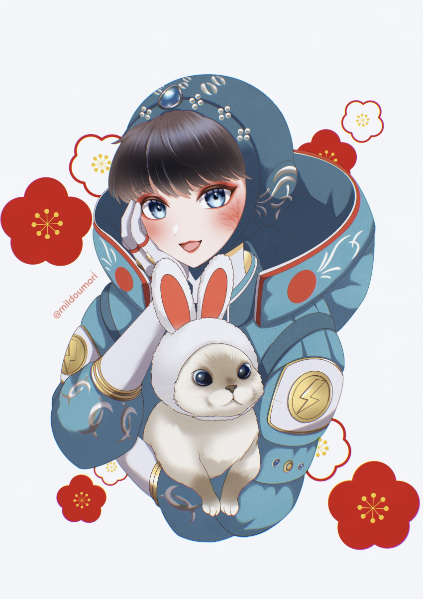 1girl, absurdres, animal, animal_ears, animification, apex_legends, blue_headwear, blue_jacket