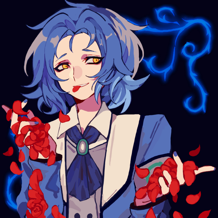1boy, armband, ascot, blue_ascot, blue_hair, blue_jacket, blue_nails, brooch, chesed_(project_moon), collared_shirt, commentary_request, er_hea, grey_vest, grin, highres, jacket, jewelry, lobotomy_corporation, long_sleeves, male_focus, open_clothes, open_jacket, petals, project_moon, rose_petals, shirt, short_hair, smile, solo, upper_body, vest, white_shirt, yellow_eyes