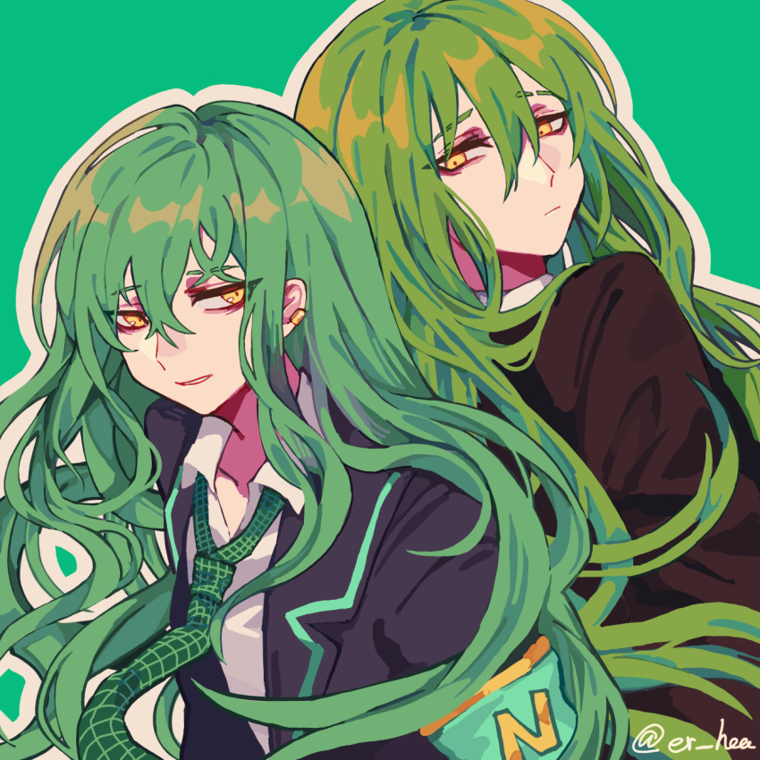 2boys, back-to-back, black_jacket, closed_mouth, commentary_request, dual_persona, earclip, er_hea, green_armband, green_background, green_hair, green_necktie, highres, jacket, lobotomy_corporation, long_hair, long_sleeves, male_focus, multiple_boys, necktie, netzach_(project_moon), outline, plaid_necktie, project_moon, shirt, simple_background, white_outline, white_shirt, yellow_eyes