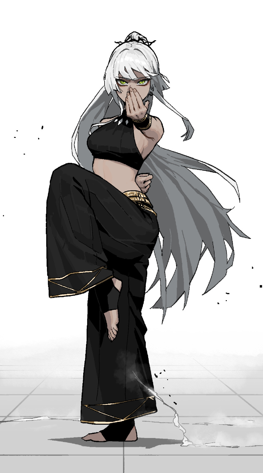 1girl, abs, absurdres, arm_behind_back, baggy_pants, bare_shoulders, barefoot, black_pants