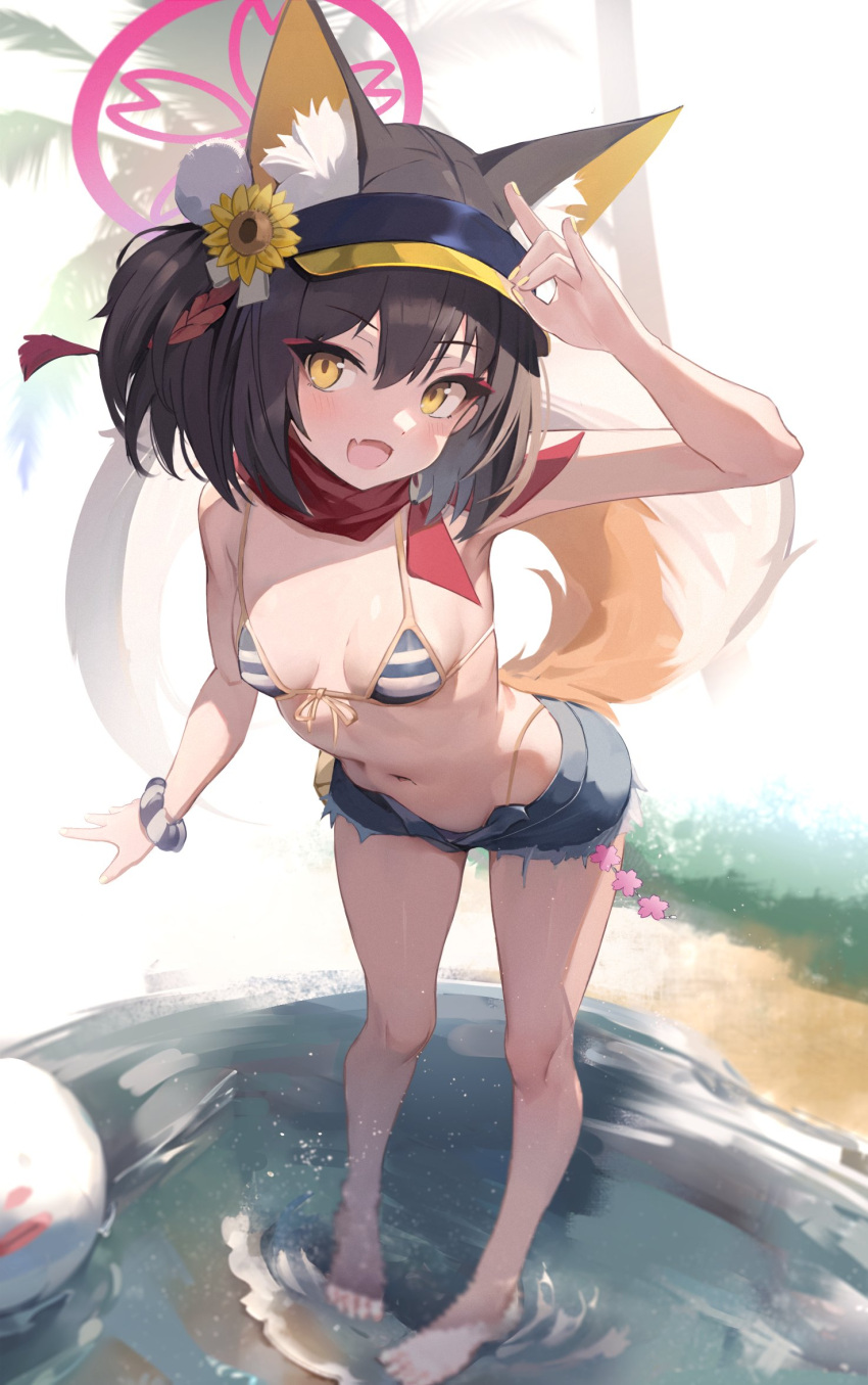 animal_ear_fluff, animal_ears, backless_bikini_bottom, bikini, blue_archive, darudana, denim, denim_shorts