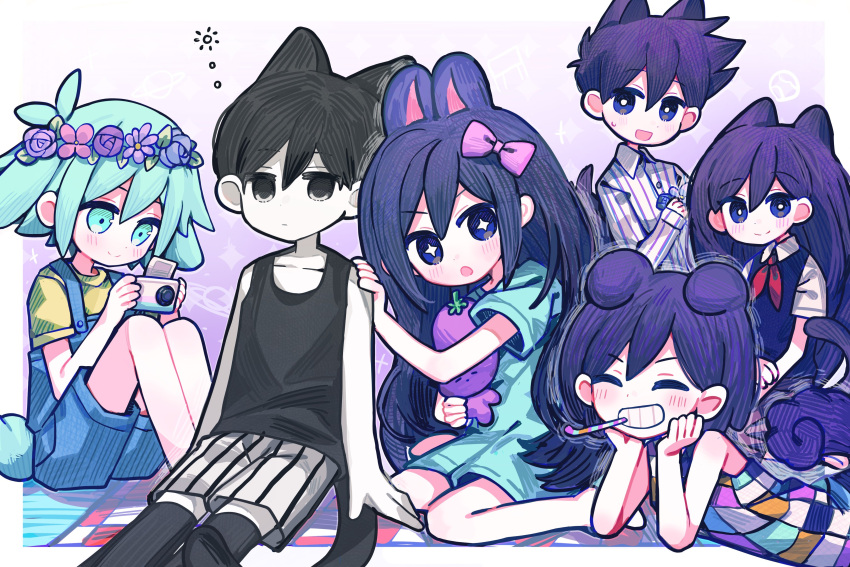 +_+, 2girls, 4boys, absurdres, animal_ears, aubrey_(omori), barefoot, basil_(omori)