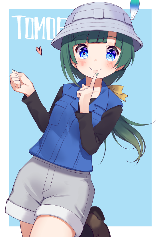1girl, black_shirt, blue_eyes, blue_vest, blush, boots, bow, brown_footwear, character_name, closed_mouth, green_hair, green_nails, grey_shorts, hair_bow, hatagaya, heart, index_finger_raised, kemono_friends, kemono_friends_r, long_hair, long_sleeves, looking_at_viewer, ponytail, shirt, shorts, smile, solo, tomoe_(kemono_friends)_(niconico88059799), vest, yellow_bow