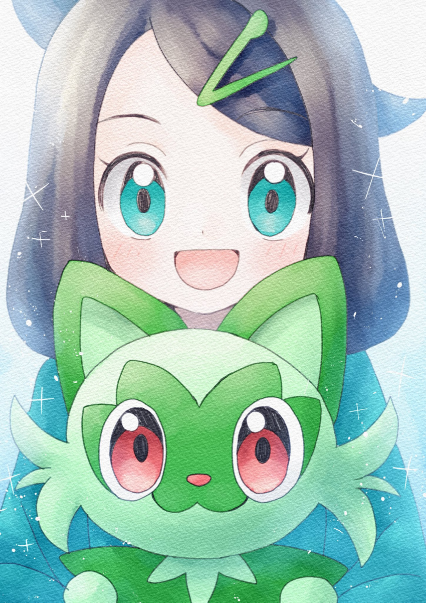 1girl, :d, black_hair, blush, commentary_request, eyelashes, green_eyes, green_jacket