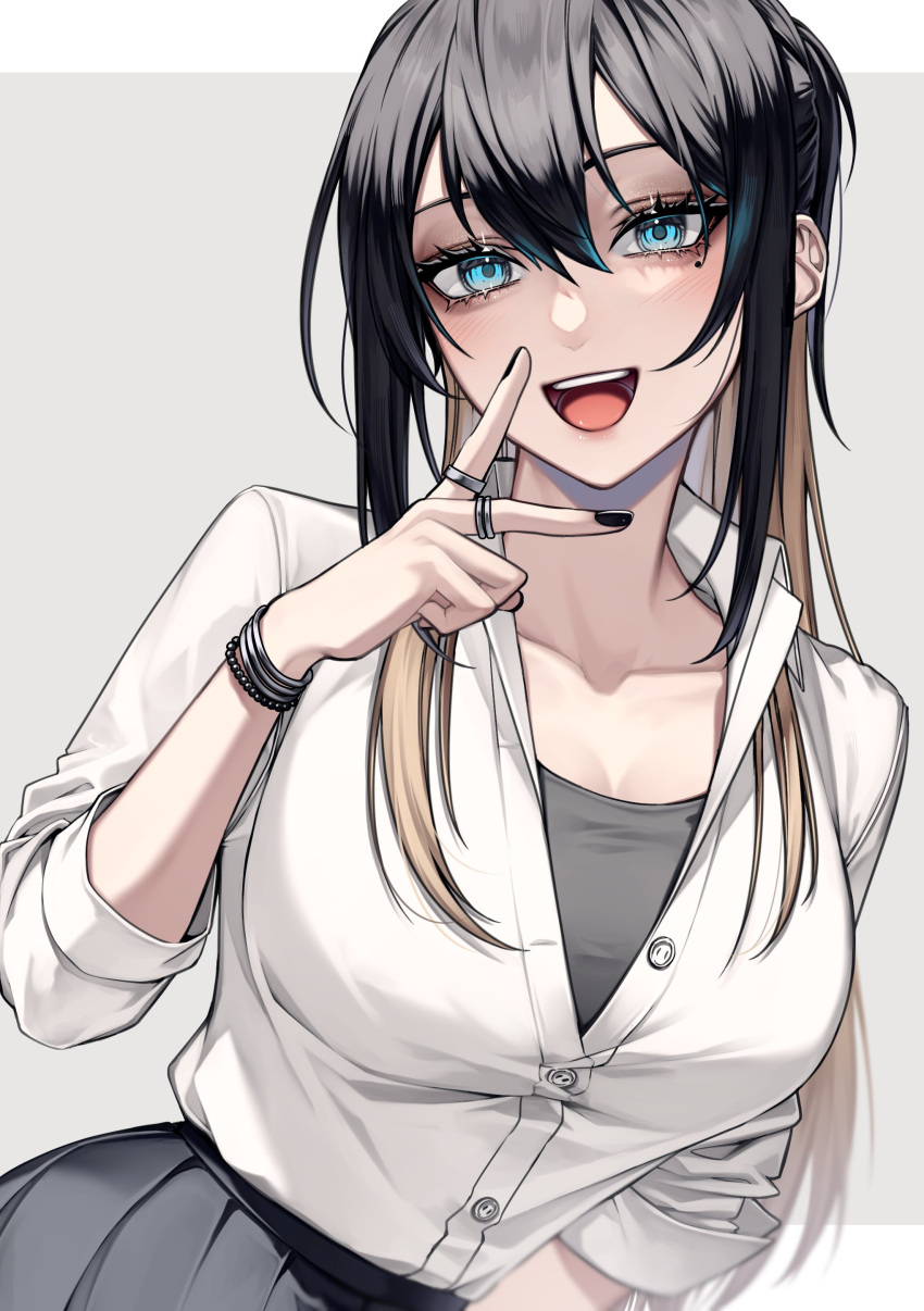 1girl, absurdres, black_hair, black_nails, blonde_hair, blue_eyes, blue_hair, commentary