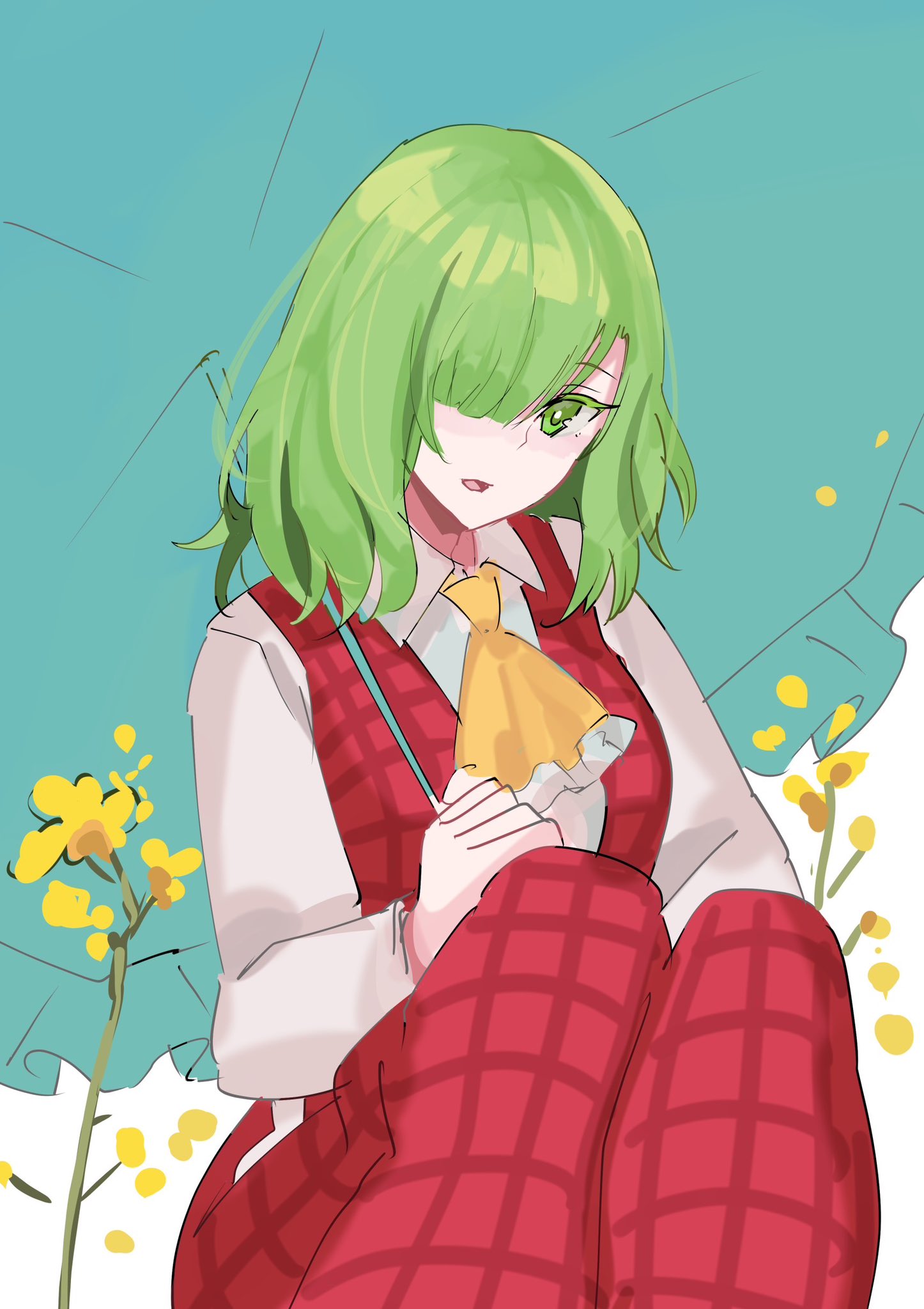 1girl, ascot, collared_shirt, flower, green_eyes, green_hair, green_umbrella, hair_over_one_eye, highres, holding, holding_umbrella, kazami_yuuka, kazami_yuuka_(pc-98), long_sleeves, looking_at_viewer, open_clothes, pants, plaid, plaid_pants, plaid_vest, red_pants, red_vest, shirt, short_hair, solo, tohoyuukarin, touhou, touhou_(pc-98), umbrella, vest, yellow_ascot, yellow_flower
