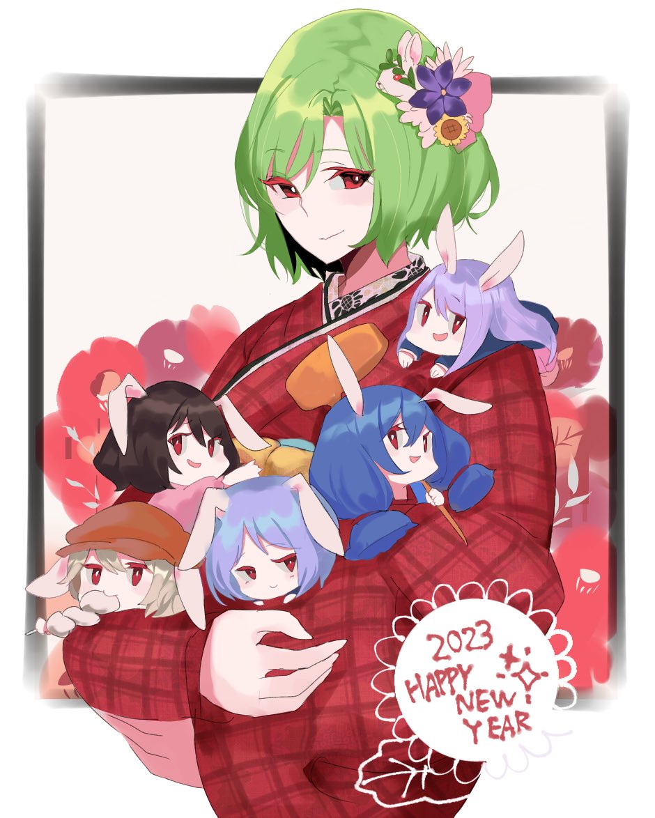2023, 6+girls, alternate_costume, animal_ears, black_hair, blonde_hair, blue_hair, brown_headwear