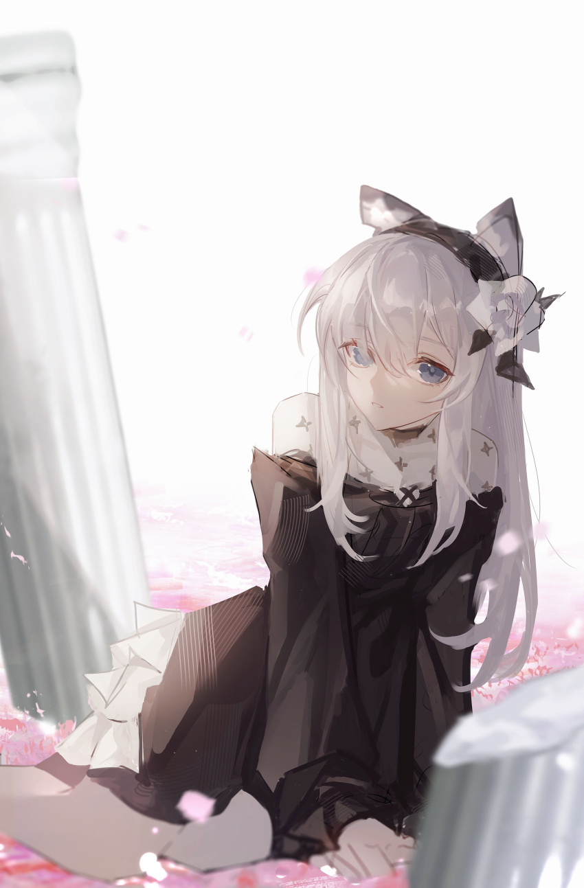 1girl, absurdres, animal_ears, arknights, arm_support, black_dress, black_hairband, blue_eyes