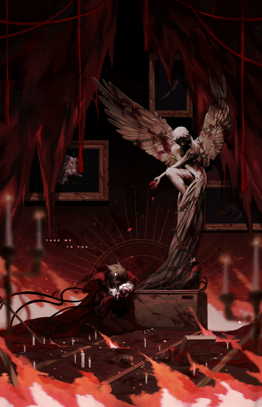 1boy, absurdres, angel_statue, animal_ears, arknights, black_gloves, black_headwear, black_pants