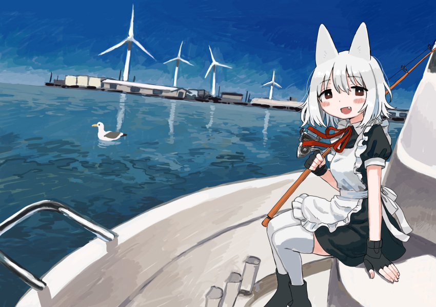1girl, afloat, animal_ears, apron, arm_support, bird, black_dress, black_footwear