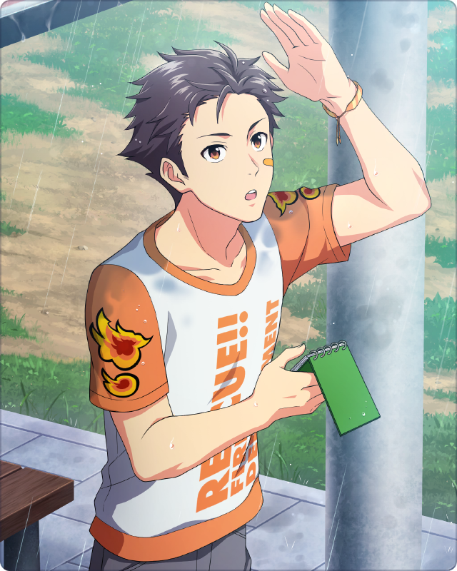 1boy, arm_up, bandaid, bandaid_on_cheek, bandaid_on_face, black_hair, bracelet, flame_print