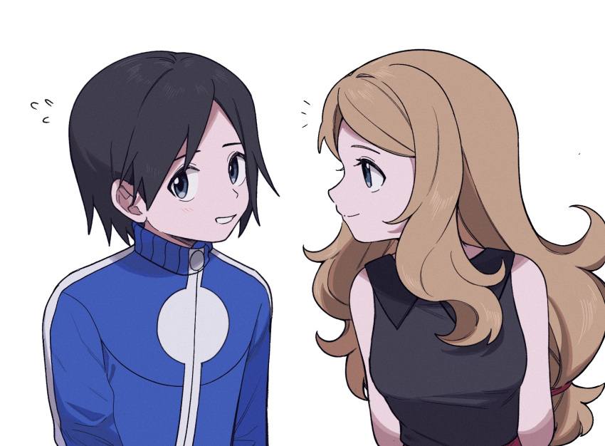 1boy, 1girl, black_hair, blue_jacket, calem_(pokemon), flying_sweatdrops, grey_eyes, highres