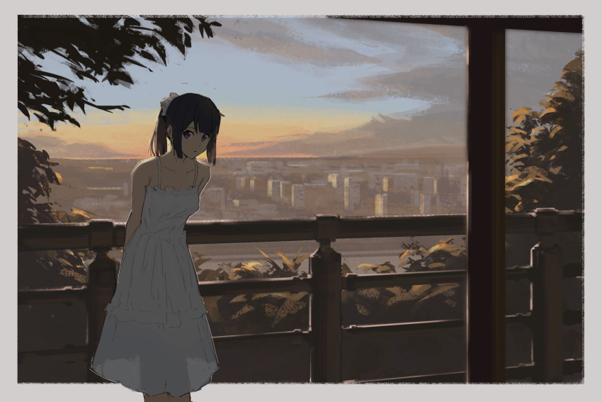 1girl, against_railing, arms_behind_back, bare_shoulders, building, closed_mouth, clouds, collarbone
