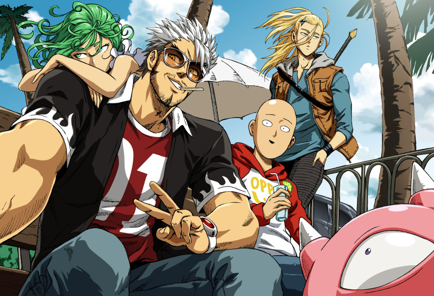 2girls, 3boys, absurdres, bald, blast_(one-punch_man), blonde_hair, clouds, cyclops, facial_hair, green_eyes, green_hair, hair_between_eyes, hand_in_pocket, highres, hood, hood_down, hoodie, horns, juice_box, long_hair, looking_at_viewer, manako_(one-punch_man), monster, mouth_hold, multiple_boys, multiple_girls, one-eyed, one-punch_man, open_clothes, open_mouth, open_shirt, out_of_frame, palm_tree, pedrozox2093, ponytail, saitama_(one-punch_man), senkou_no_flash, short_hair, short_sleeves, sitting, smile, sunglasses, tatsumaki, tree, v, wind