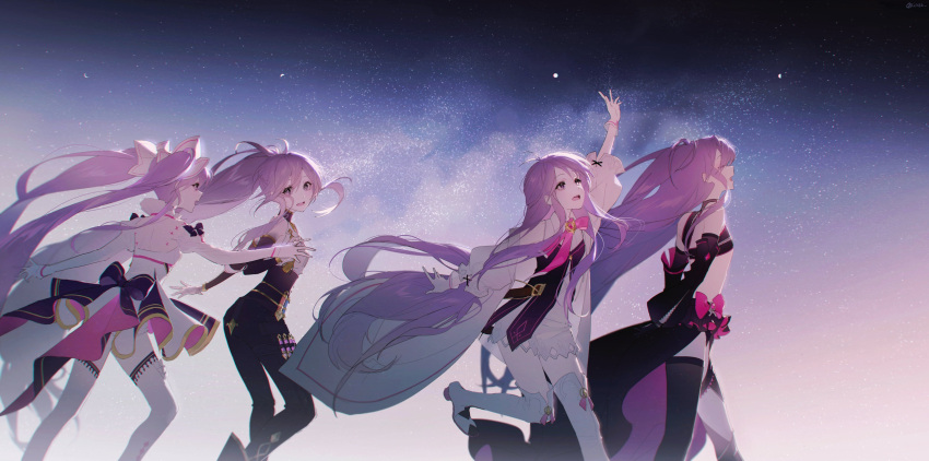 4girls, absurdres, aether_sage_(elsword), aisha_landar, antenna_hair, arm_up, ascot, black_pants