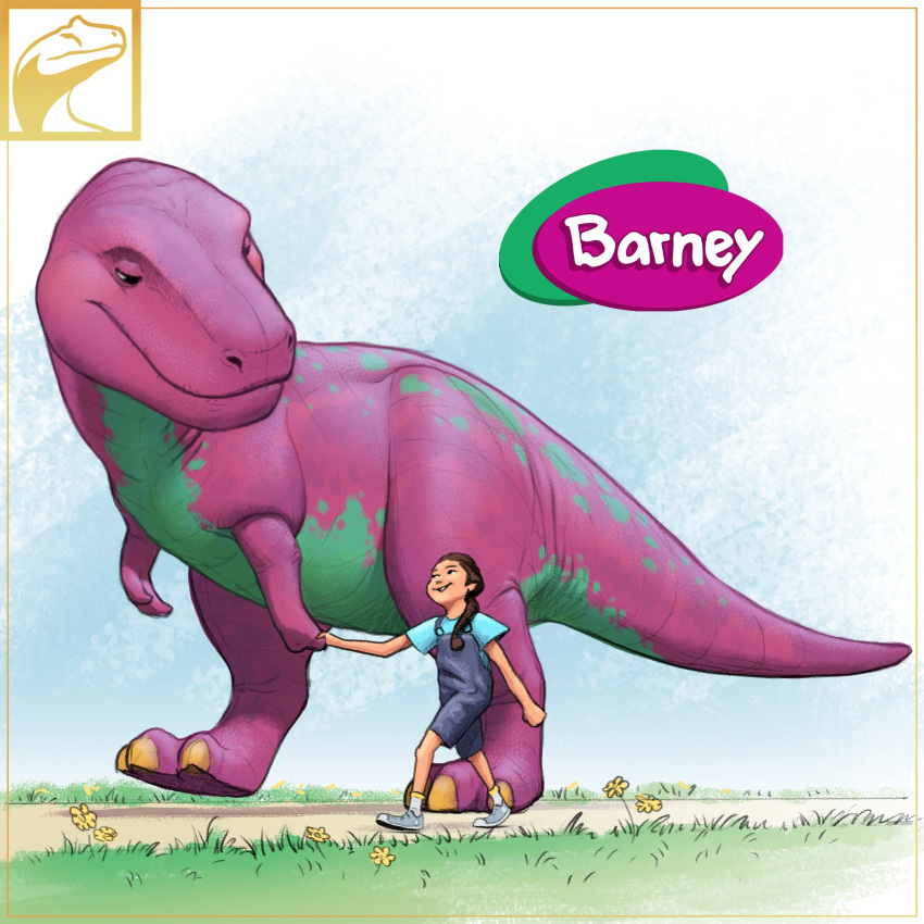 1boy, 1girl, barney, barney_&amp;_friends, blue_overalls, blue_shirt, brown_hair, commentary, dinosaur, english_commentary, flower, fredward95, grass, hair_over_shoulder, highres, holding_hands, logo, overalls, ponytail, shirt, shoes, smile, sneakers, t-shirt